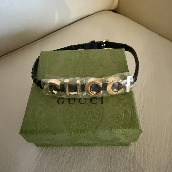 NEW GUCCI LEATHER Choker Logo Gold 100% Authentic Necklace